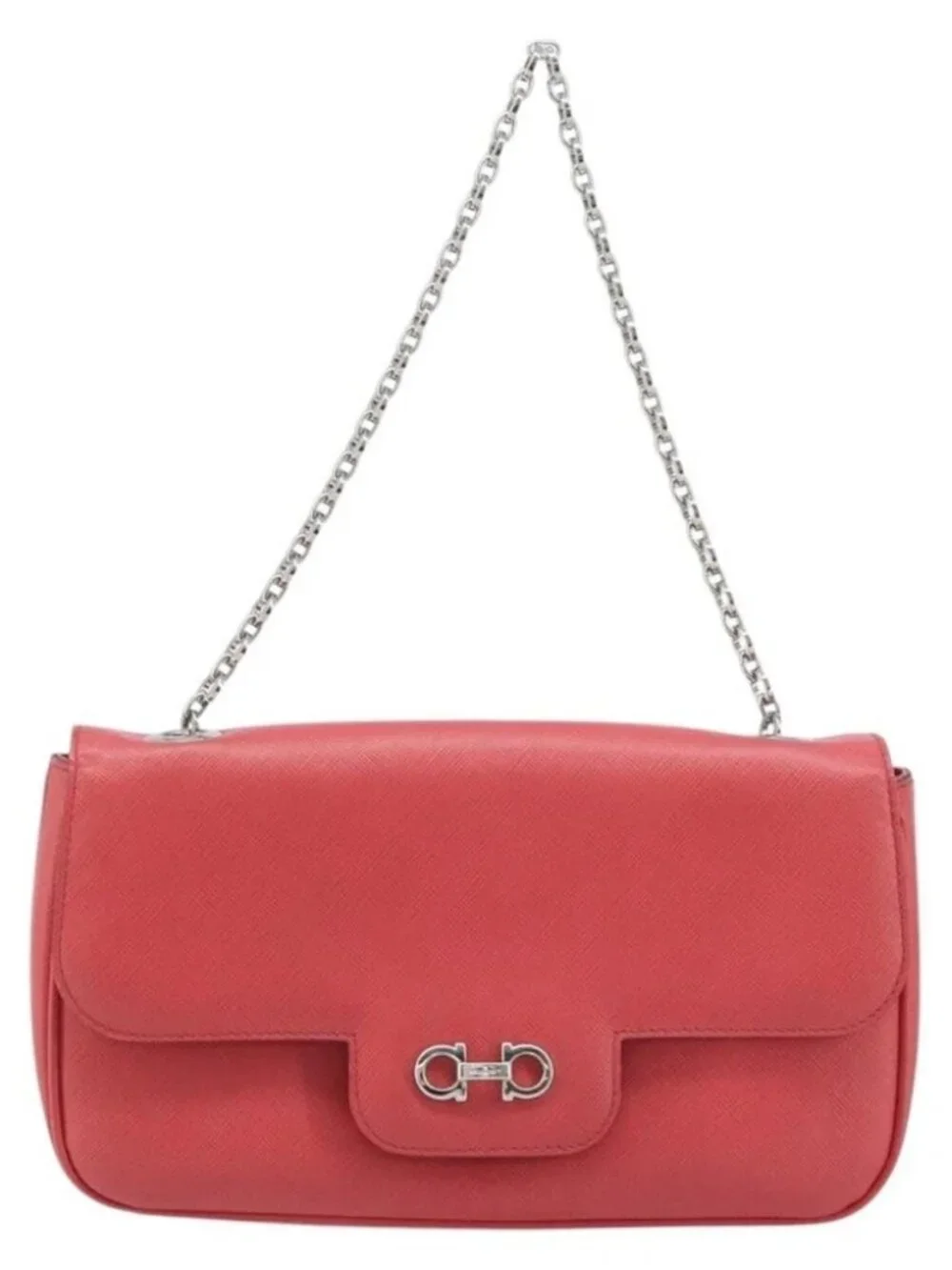 Salvatore Ferragamo Gancini Chain Shoulder Bag Leather Pink Silver Auth AMZ563A